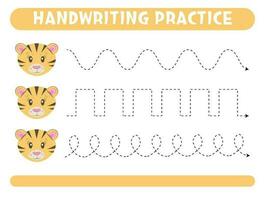 Tracing lines with cute tiger. Handwriting practice. vector