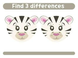 Find three differences Cute zebra Worksheet for kids vector