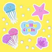 Cute colorful stickers with jellyfishes and shells. Vector illustration.