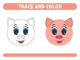 Trace and color cute pig. Worksheet for kids vector