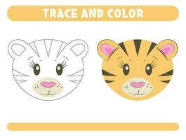 Trace and color cute tiger. Worksheet for kids vector