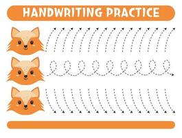 Tracing lines with cute fox. Handwriting practice. vector