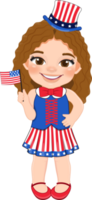 American Girl Portrait Celebrating 4th Of July Independence Day with Costume, Holding Flags Cartoon png