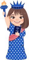 amerikanisch Mädchen Porträt feiern 4 .. von Juli Unabhängigkeit Tag mit Kostüm, Statue von Freiheit Karikatur png