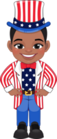americano africano ragazzo ritratto festeggiare 4 ° di luglio indipendenza giorno con costume, indossare zio sam cappello cartone animato png