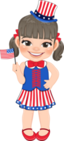 American Girl Portrait Celebrating 4th Of July Independence Day with Costume, Holding Flags Cartoon png