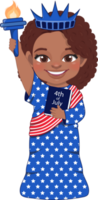 American African Girl Portrait Celebrating 4th Of July Independence Day with Costume, Statue of Liberty Cartoon png