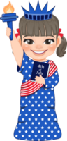 americano ragazza ritratto festeggiare 4 ° di luglio indipendenza giorno con costume, statua di libertà cartone animato png