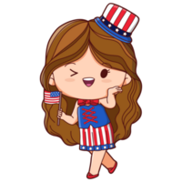 4th July Happy USA Independence Day Hand Drawing with American Girl Costume Holding Flag png