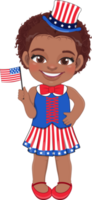 americano africano menina retrato a comemorar 4º do Julho independência dia com fantasia, segurando bandeiras desenho animado png