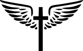 God cross with wings black white vector illustration