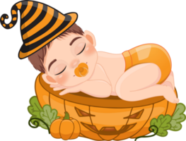 Cute boy sleeping on the pumpkin cut half in Halloween theme cartoon png