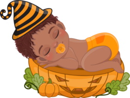 Cute American African boy sleeping on the pumpkin cut half in Halloween theme cartoon png