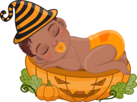 mignonne américain africain garçon en train de dormir sur le citrouille Couper moitié dans Halloween thème dessin animé png