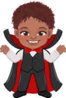 peu américain africain dracula avec noir costume, Halloween fête avec mignonne vampire dessin animé personnage png