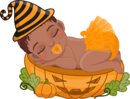 Cute American African girl sleeping on the pumpkin cut half in Halloween theme cartoon png