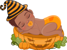 Cute American African boy sleeping on the pumpkin cut half in Halloween theme cartoon png