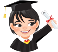 menina segurando diploma dentro acadêmico vestido para graduação dia, feliz menina desenho animado personagem para graduação dia cartão modelo png