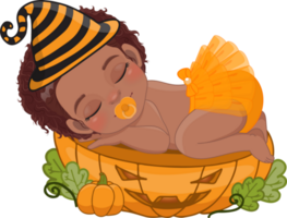 Cute American African girl sleeping on the pumpkin cut half in Halloween theme cartoon png