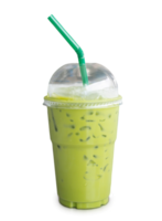 Iced matcha green tea with condensed milk in transparent plastic glass isolated with clipping path. and shadow in png file format