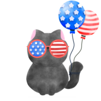 Happy 4th of July cute cat watercolor Illustration png