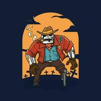 Vector illustration skeleton cowboy with gun leg in hand drawn cartoon style