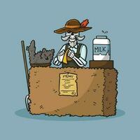 Vector illustration western skeleton bartender with zombie cat in market booth with hand drawn style