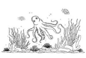 Underwater world coloring page. Coloring page life in the ocean with algae vector