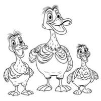 Duck coloring page. cartoon ducklings linear illustration for coloring vector