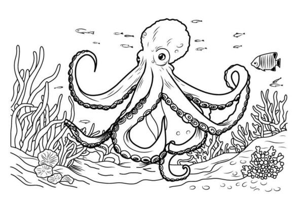 Octopus coloring book. Coloring page simple line illustration of octopus and underwater world.