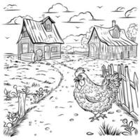 Bird farm coloring page. Hens and chicks linear illustration for coloring vector