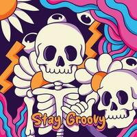 groovy skeleton with 90s background illustration vector