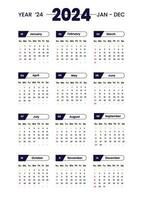 Calendar 2024 template simple minimal calendar, Vector planner 2024 year, Wall calendar 2024 year, Week Starts sunday, Set of 12 calendar, advertisement, printing, stationery, organization office.