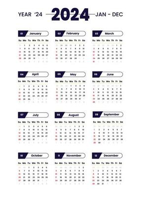 Calendar 2024 template simple minimal calendar, Vector planner 2024 year, Wall calendar 2024 year, Week Starts sunday, Set of 12 calendar, advertisement, printing, stationery, organization office.