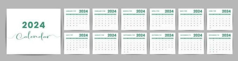 mensual escritorio calendario modelo para 2024 año. semana empieza en domingo. pared calendario 2024 en un minimalista estilo, conjunto de 12 meses, planificador, impresión plantilla, oficina organizador vector. vector