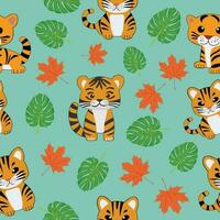 Tiger and leaf element pattern seamless vector on green background , animal pattern seamless wallpaper