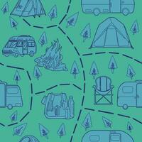 Camping element line art pattern seamless vector on green background , camping pattern seamless wallpaper