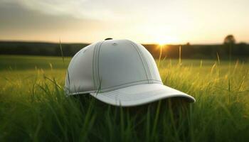 Green baseball cap on a tranquil meadow at sunset generated by AI photo