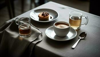 A luxurious coffee break with gourmet cappuccino and chocolate croissant generated by AI photo