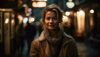 uno joven mujer sonriente, mirando a cámara, confidente en ciudad generado por ai foto