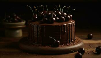 indulgente hecho en casa chocolate tarta de queso con Fresco baya decoración para celebracion generado por ai foto