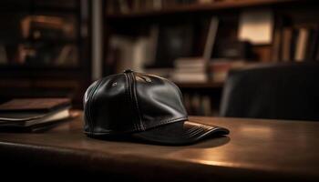 Modern men fashion elegant leather baseball cap on dark background generated by AI photo