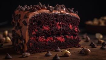 Homemade chocolate brownie slice on rustic wood table background generated by AI photo