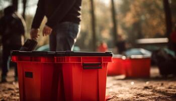 Team of adults and children working together to clean environment generated by AI photo