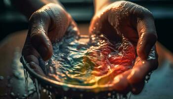 One person hand mixing fresh dough in domestic kitchen generated by AI photo