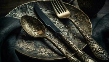 Antique silverware on old fashioned table with wood decoration and crockery pattern generated by AI photo