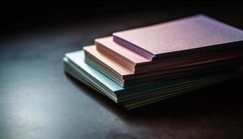 Stack of literature on desk, selective focus, no people present generated by AI photo