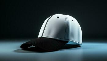 moderno béisbol gorra diseño en negro antecedentes con azul prenda generado por ai foto