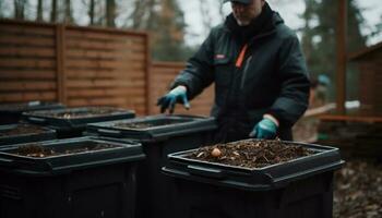 One man working outdoors on a farm, holding fresh seafood generated by AI photo