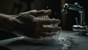 Clean hands pouring fresh water for healthy kitchen preparation indoors generated by AI photo